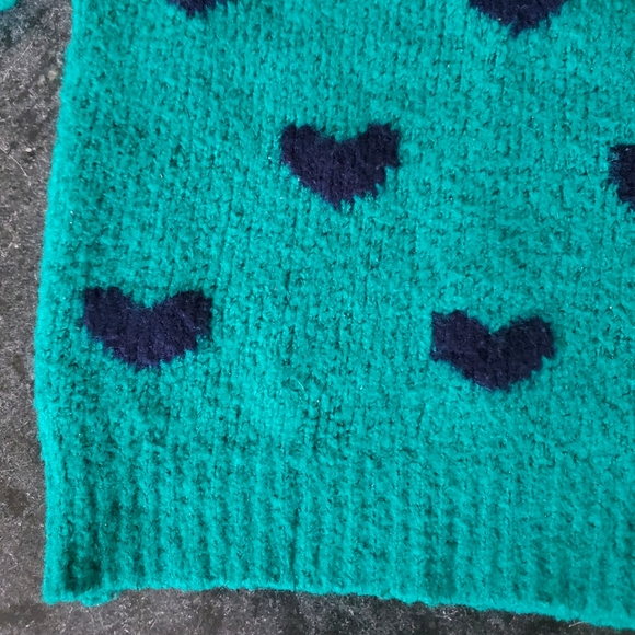 Y2K Arizona Jean Company Crop Sweater Fuzzy Acrylic Hearts XS Turquoise Teal 90s - Picture 4 of 8